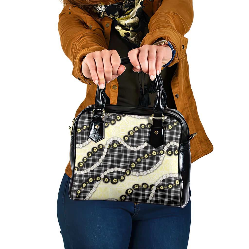 Black Palaka Hawaii Shoulder Handbag Kukui Nut Pikake Lei Hawaiian Tapa Pattern - Polynesian Pride