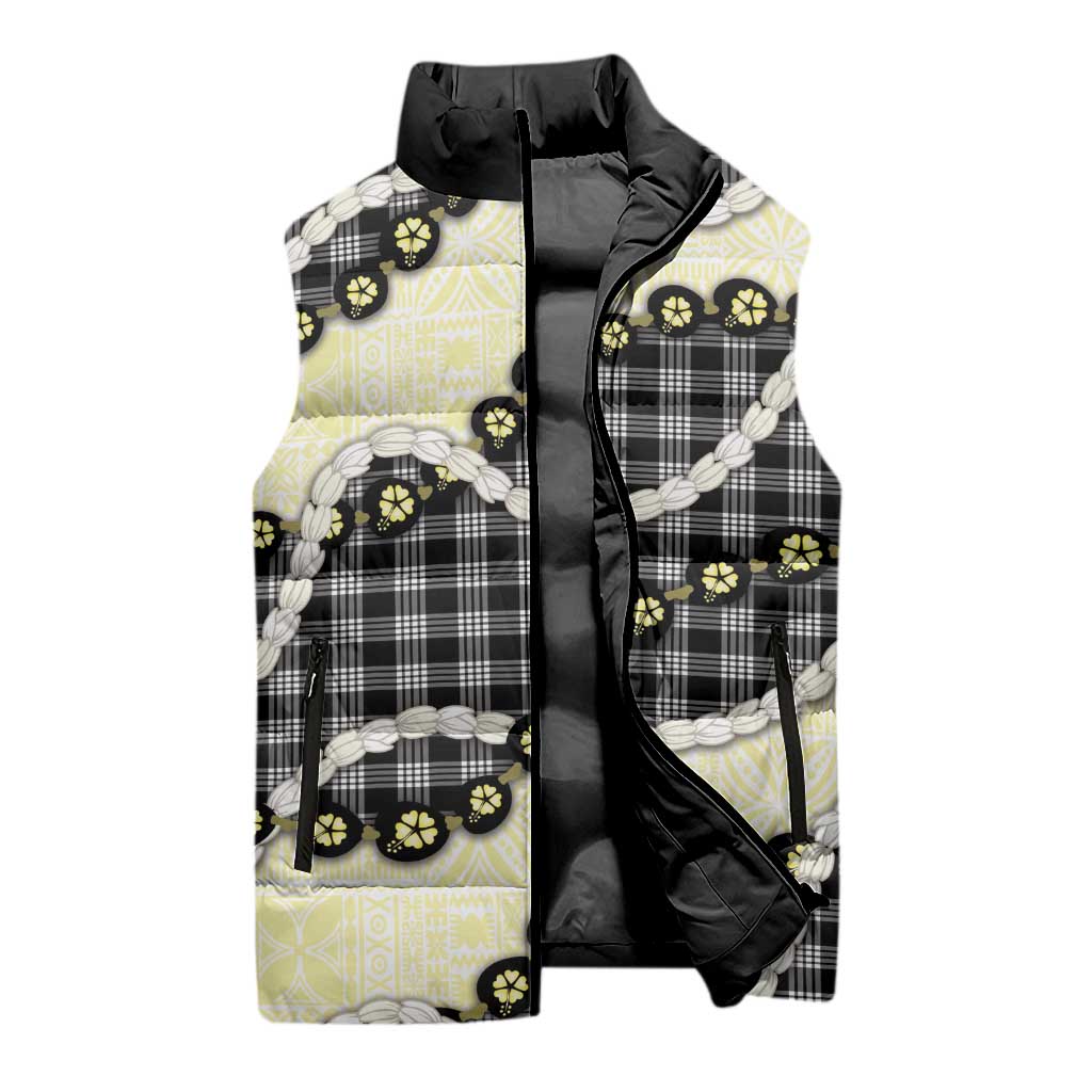 Black Palaka Hawaii Sleeveless Puffer Jacket Kukui Nut Pikake Lei Hawaiian Tapa Pattern LT14 - Polynesian Pride