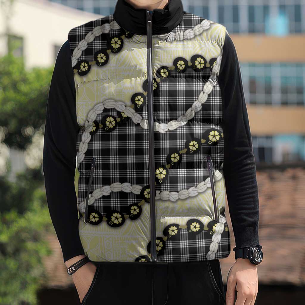 Black Palaka Hawaii Sleeveless Puffer Jacket Kukui Nut Pikake Lei Hawaiian Tapa Pattern LT14 - Polynesian Pride