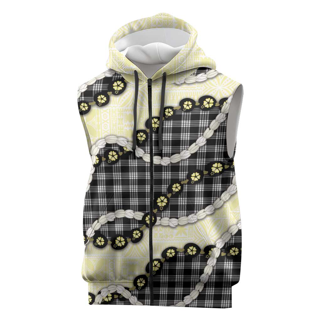 Black Palaka Hawaii Sleeveless Zip Hoodie Kukui Nut Pikake Lei Hawaiian Tapa Pattern - Polynesian Pride