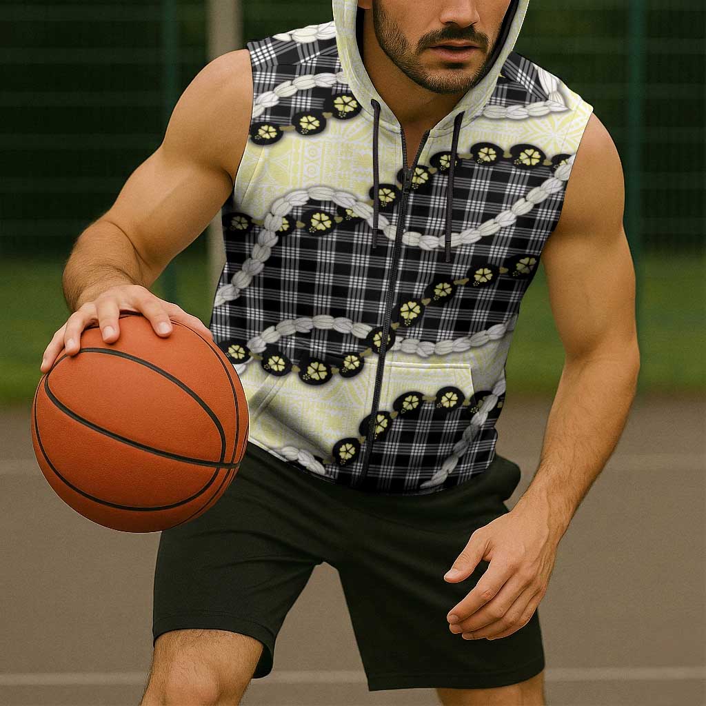 Black Palaka Hawaii Sleeveless Zip Hoodie Kukui Nut Pikake Lei Hawaiian Tapa Pattern - Polynesian Pride