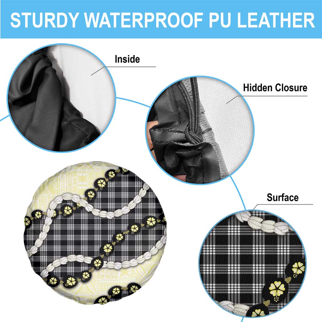 Black Palaka Hawaii Spare Tire Cover Kukui Nut Pikake Lei Hawaiian Tapa Pattern - Polynesian Pride