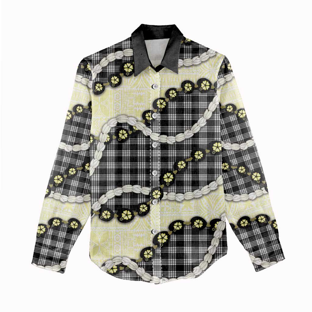 Black Palaka Hawaii Women Casual Shirt Kukui Nut Pikake Lei Hawaiian Tapa Pattern - Polynesian Pride