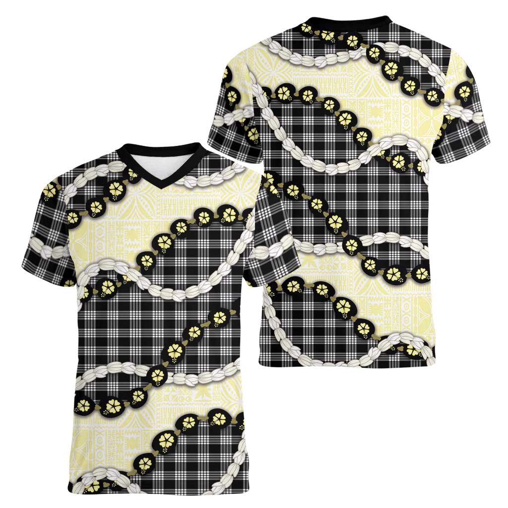 Black Palaka Hawaii Women V-Neck T-Shirt Kukui Nut Pikake Lei Hawaiian Tapa Pattern - Polynesian Pride