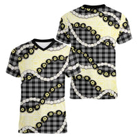 Black Palaka Hawaii Women V-Neck T-Shirt Kukui Nut Pikake Lei Hawaiian Tapa Pattern - Polynesian Pride