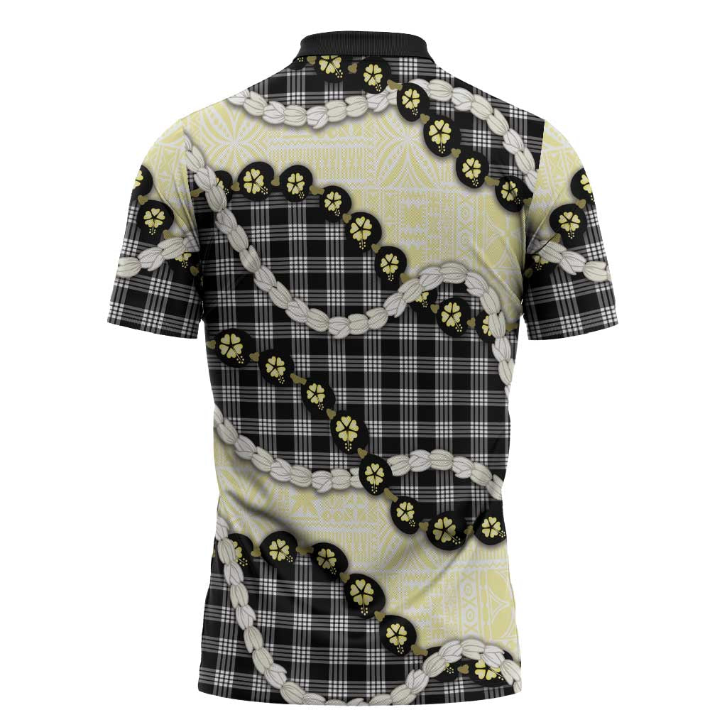 Black Palaka Hawaii Zipper Polo Shirt Kukui Nut Pikake Lei Hawaiian Tapa Pattern - Polynesian Pride