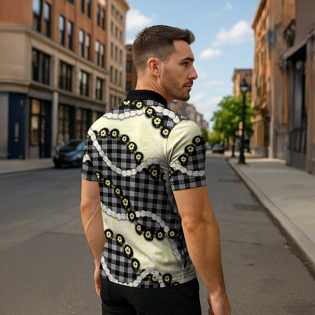 Black Palaka Hawaii Zipper Polo Shirt Kukui Nut Pikake Lei Hawaiian Tapa Pattern - Polynesian Pride