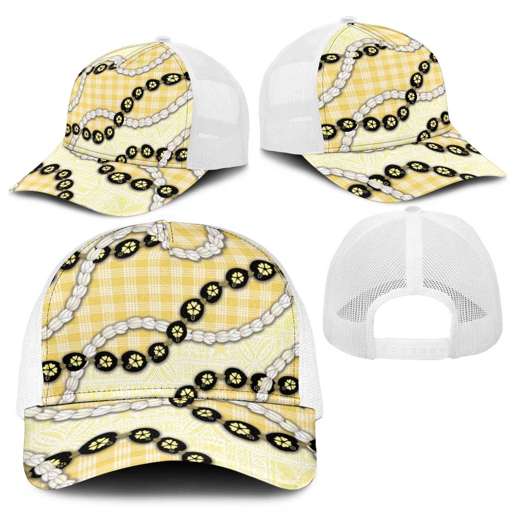 Yellow Palaka Hawaii Baseball Net Cap Kukui Nut Pikake Lei Hawaiian Tapa Pattern LT14 - Polynesian Pride