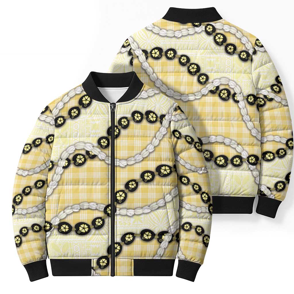 Yellow Palaka Hawaii Bomber Puffer Jacket Kukui Nut Pikake Lei Hawaiian Tapa Pattern - Polynesian Pride