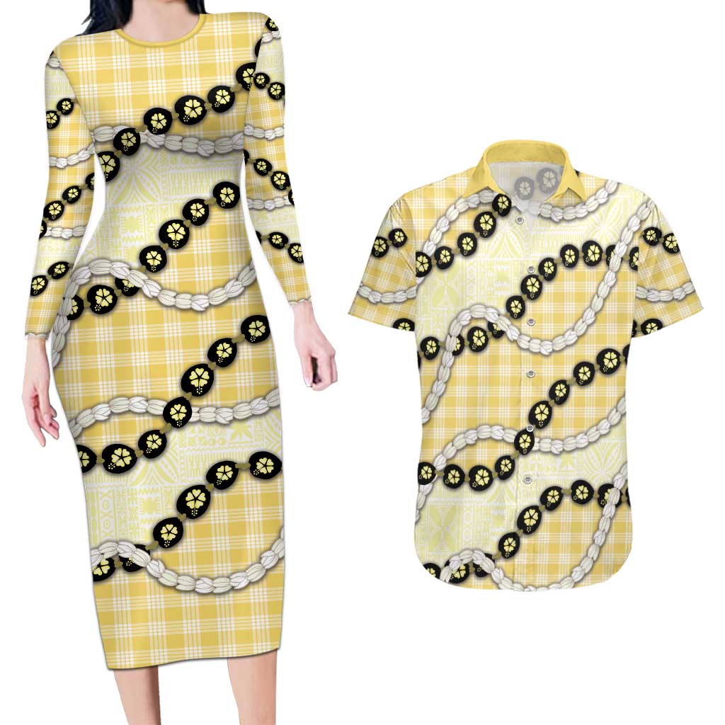 Yellow Palaka Hawaii Couples Matching Long Sleeve Bodycon Dress and Hawaiian Shirt Kukui Nut Pikake Lei Hawaiian Tapa Pattern LT14 Yellow - Polynesian Pride