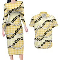 Yellow Palaka Hawaii Couples Matching Long Sleeve Bodycon Dress and Hawaiian Shirt Kukui Nut Pikake Lei Hawaiian Tapa Pattern LT14 Yellow - Polynesian Pride