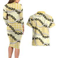 Yellow Palaka Hawaii Couples Matching Long Sleeve Bodycon Dress and Hawaiian Shirt Kukui Nut Pikake Lei Hawaiian Tapa Pattern LT14 - Polynesian Pride