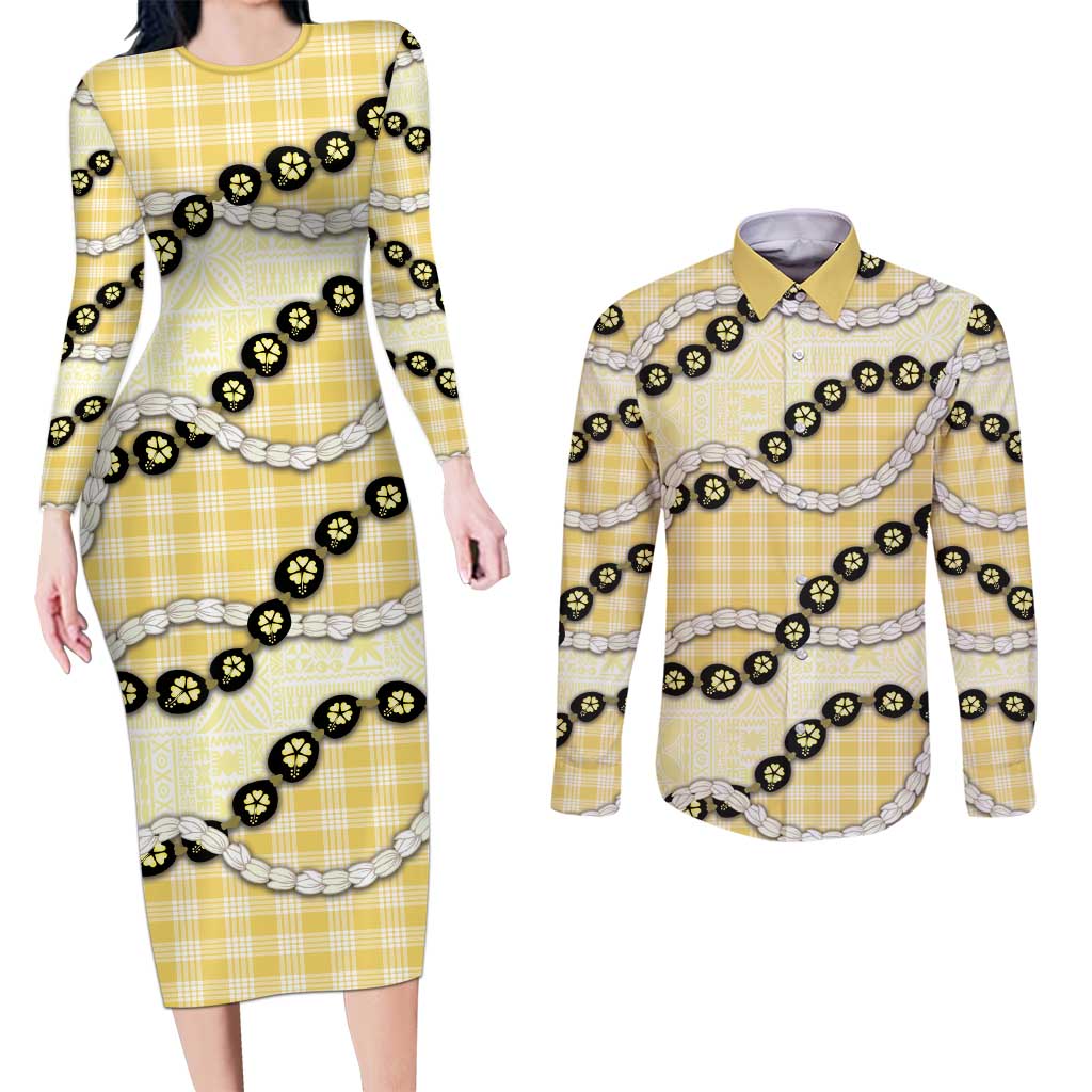 Yellow Palaka Hawaii Couples Matching Long Sleeve Bodycon Dress and Long Sleeve Button Shirt Kukui Nut Pikake Lei Hawaiian Tapa Pattern LT14 Yellow - Polynesian Pride