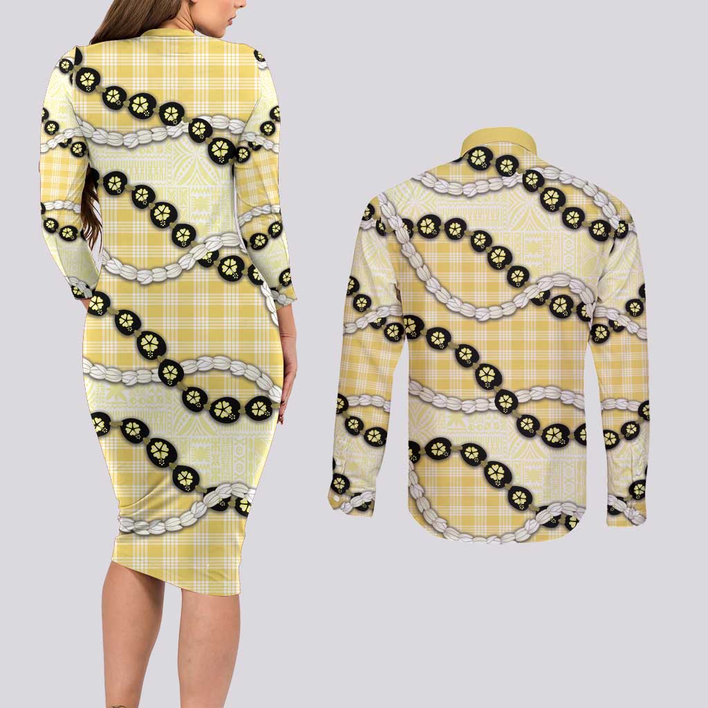 Yellow Palaka Hawaii Couples Matching Long Sleeve Bodycon Dress and Long Sleeve Button Shirt Kukui Nut Pikake Lei Hawaiian Tapa Pattern LT14 - Polynesian Pride