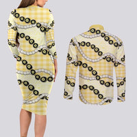 Yellow Palaka Hawaii Couples Matching Long Sleeve Bodycon Dress and Long Sleeve Button Shirt Kukui Nut Pikake Lei Hawaiian Tapa Pattern LT14 - Polynesian Pride