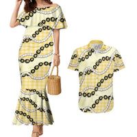 Yellow Palaka Hawaii Couples Matching Mermaid Dress and Hawaiian Shirt Kukui Nut Pikake Lei Hawaiian Tapa Pattern LT14 Yellow - Polynesian Pride