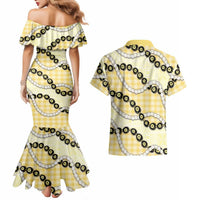 Yellow Palaka Hawaii Couples Matching Mermaid Dress and Hawaiian Shirt Kukui Nut Pikake Lei Hawaiian Tapa Pattern LT14 - Polynesian Pride