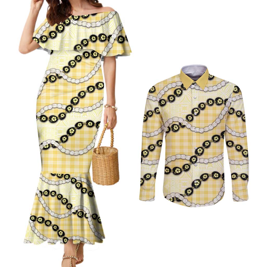 Yellow Palaka Hawaii Couples Matching Mermaid Dress and Long Sleeve Button Shirt Kukui Nut Pikake Lei Hawaiian Tapa Pattern LT14 Yellow - Polynesian Pride
