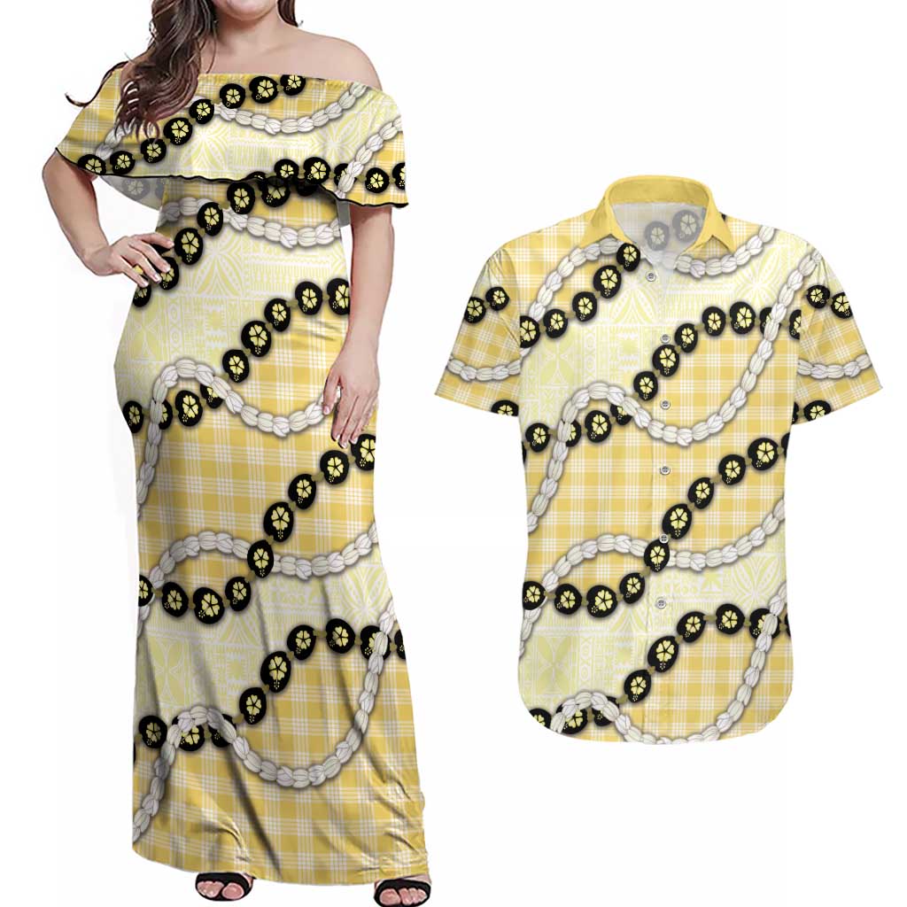 Yellow Palaka Hawaii Couples Matching Off Shoulder Maxi Dress and Hawaiian Shirt Kukui Nut Pikake Lei Hawaiian Tapa Pattern LT14 Yellow - Polynesian Pride