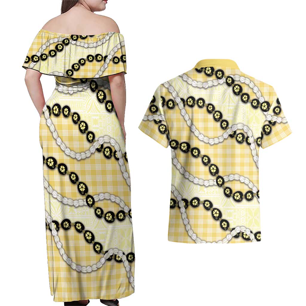 Yellow Palaka Hawaii Couples Matching Off Shoulder Maxi Dress and Hawaiian Shirt Kukui Nut Pikake Lei Hawaiian Tapa Pattern LT14 - Polynesian Pride