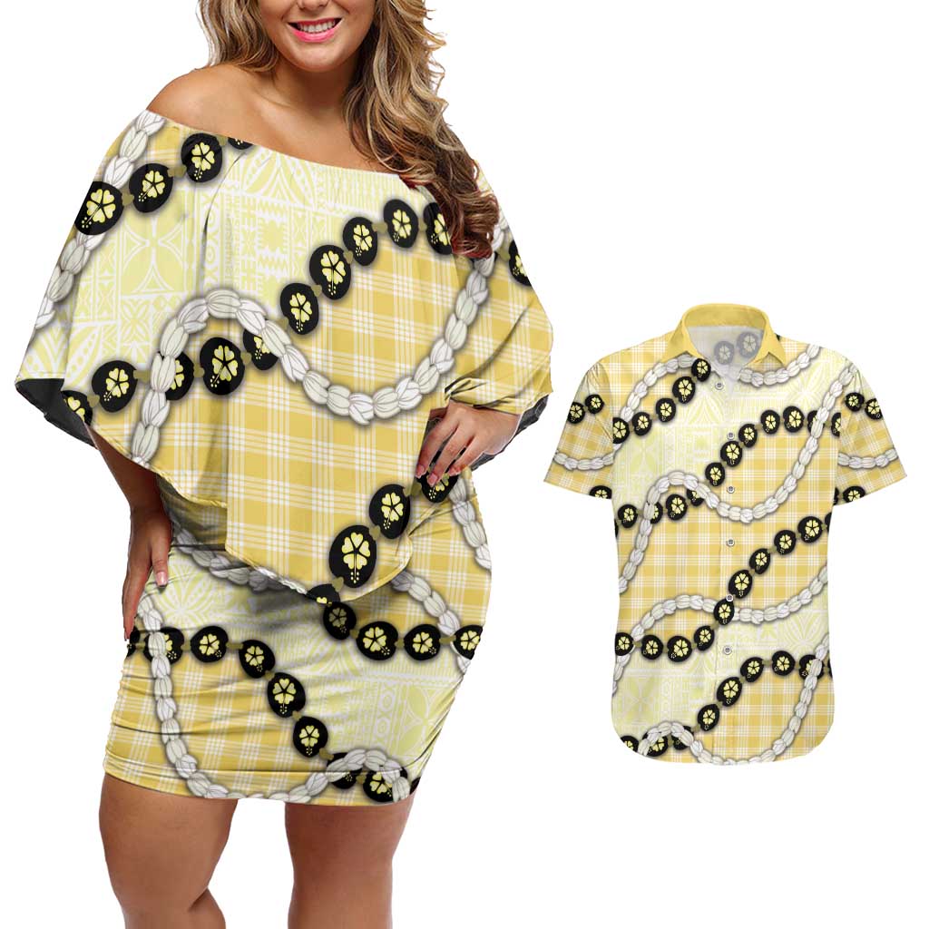 Yellow Palaka Hawaii Couples Matching Off Shoulder Short Dress and Hawaiian Shirt Kukui Nut Pikake Lei Hawaiian Tapa Pattern LT14 Yellow - Polynesian Pride
