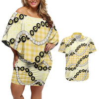 Yellow Palaka Hawaii Couples Matching Off Shoulder Short Dress and Hawaiian Shirt Kukui Nut Pikake Lei Hawaiian Tapa Pattern LT14 Yellow - Polynesian Pride
