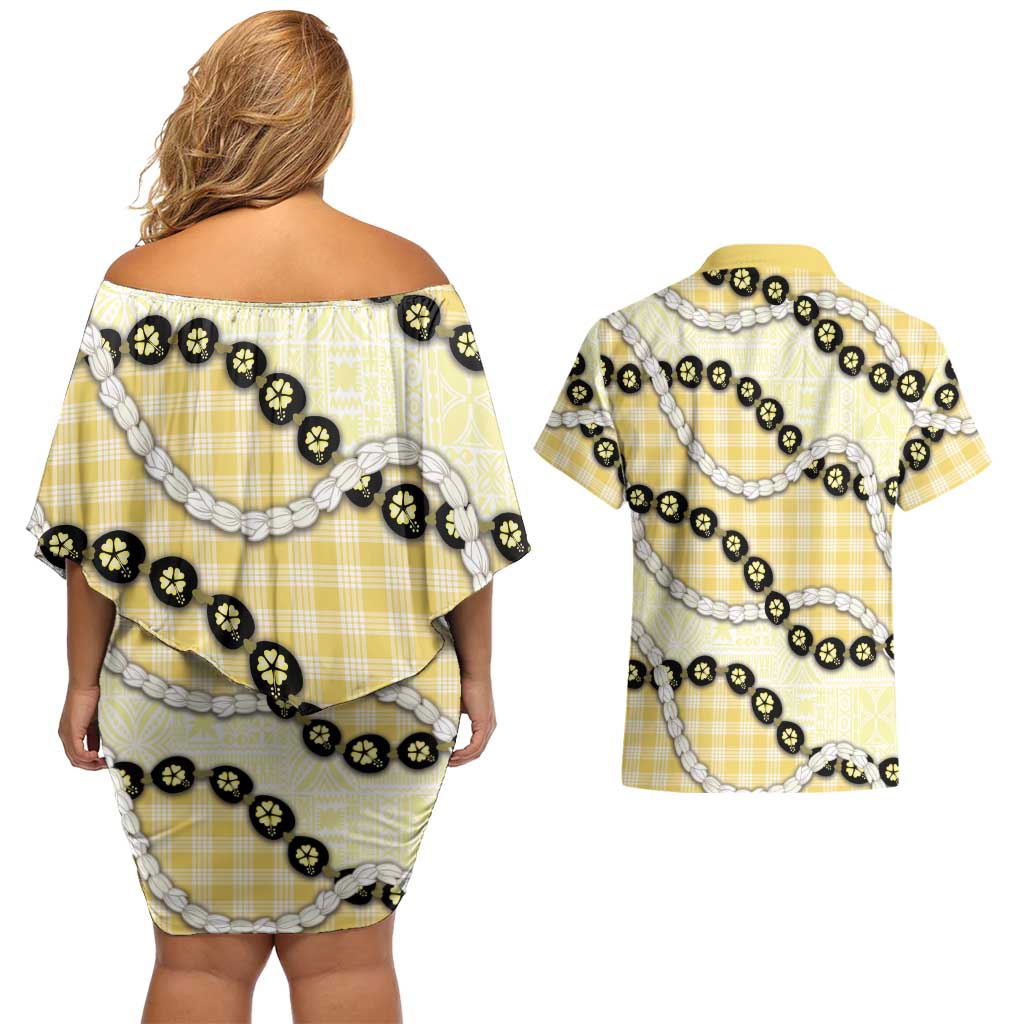 Yellow Palaka Hawaii Couples Matching Off Shoulder Short Dress and Hawaiian Shirt Kukui Nut Pikake Lei Hawaiian Tapa Pattern LT14 - Polynesian Pride