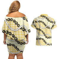 Yellow Palaka Hawaii Couples Matching Off Shoulder Short Dress and Hawaiian Shirt Kukui Nut Pikake Lei Hawaiian Tapa Pattern LT14 - Polynesian Pride