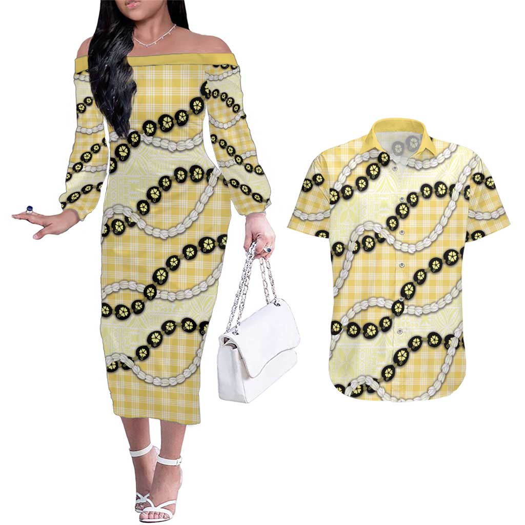 Yellow Palaka Hawaii Couples Matching Off The Shoulder Long Sleeve Dress and Hawaiian Shirt Kukui Nut Pikake Lei Hawaiian Tapa Pattern LT14 Yellow - Polynesian Pride