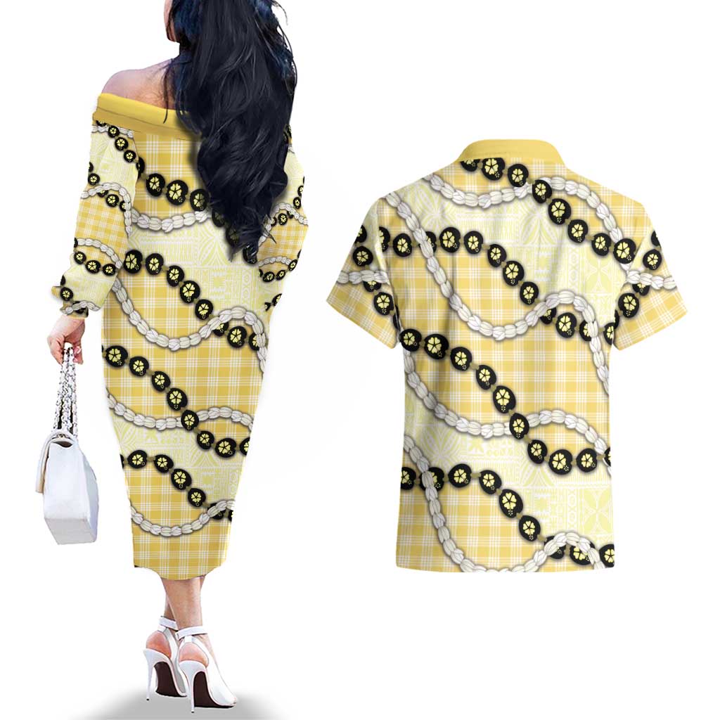 Yellow Palaka Hawaii Couples Matching Off The Shoulder Long Sleeve Dress and Hawaiian Shirt Kukui Nut Pikake Lei Hawaiian Tapa Pattern LT14 - Polynesian Pride