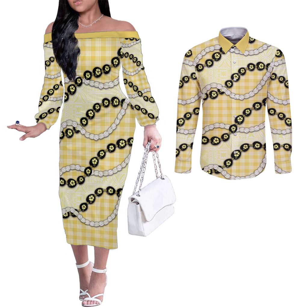 Yellow Palaka Hawaii Couples Matching Off The Shoulder Long Sleeve Dress and Long Sleeve Button Shirt Kukui Nut Pikake Lei Hawaiian Tapa Pattern LT14 Yellow - Polynesian Pride