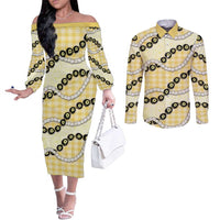 Yellow Palaka Hawaii Couples Matching Off The Shoulder Long Sleeve Dress and Long Sleeve Button Shirt Kukui Nut Pikake Lei Hawaiian Tapa Pattern LT14 Yellow - Polynesian Pride