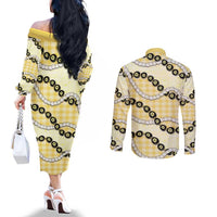 Yellow Palaka Hawaii Couples Matching Off The Shoulder Long Sleeve Dress and Long Sleeve Button Shirt Kukui Nut Pikake Lei Hawaiian Tapa Pattern LT14 - Polynesian Pride