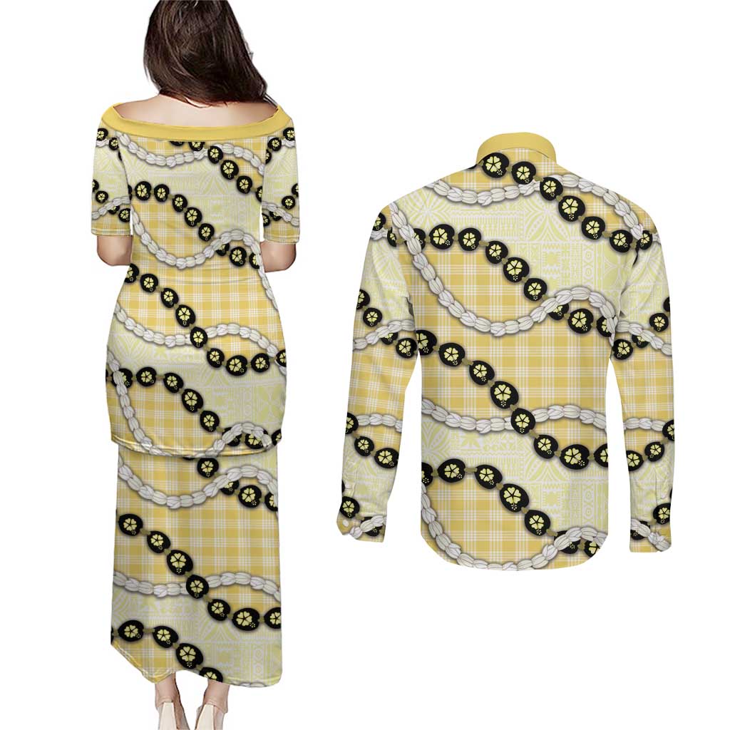 Yellow Palaka Hawaii Couples Matching Puletasi and Long Sleeve Button Shirt Kukui Nut Pikake Lei Hawaiian Tapa Pattern - Polynesian Pride