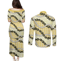 Yellow Palaka Hawaii Couples Matching Puletasi and Long Sleeve Button Shirt Kukui Nut Pikake Lei Hawaiian Tapa Pattern - Polynesian Pride