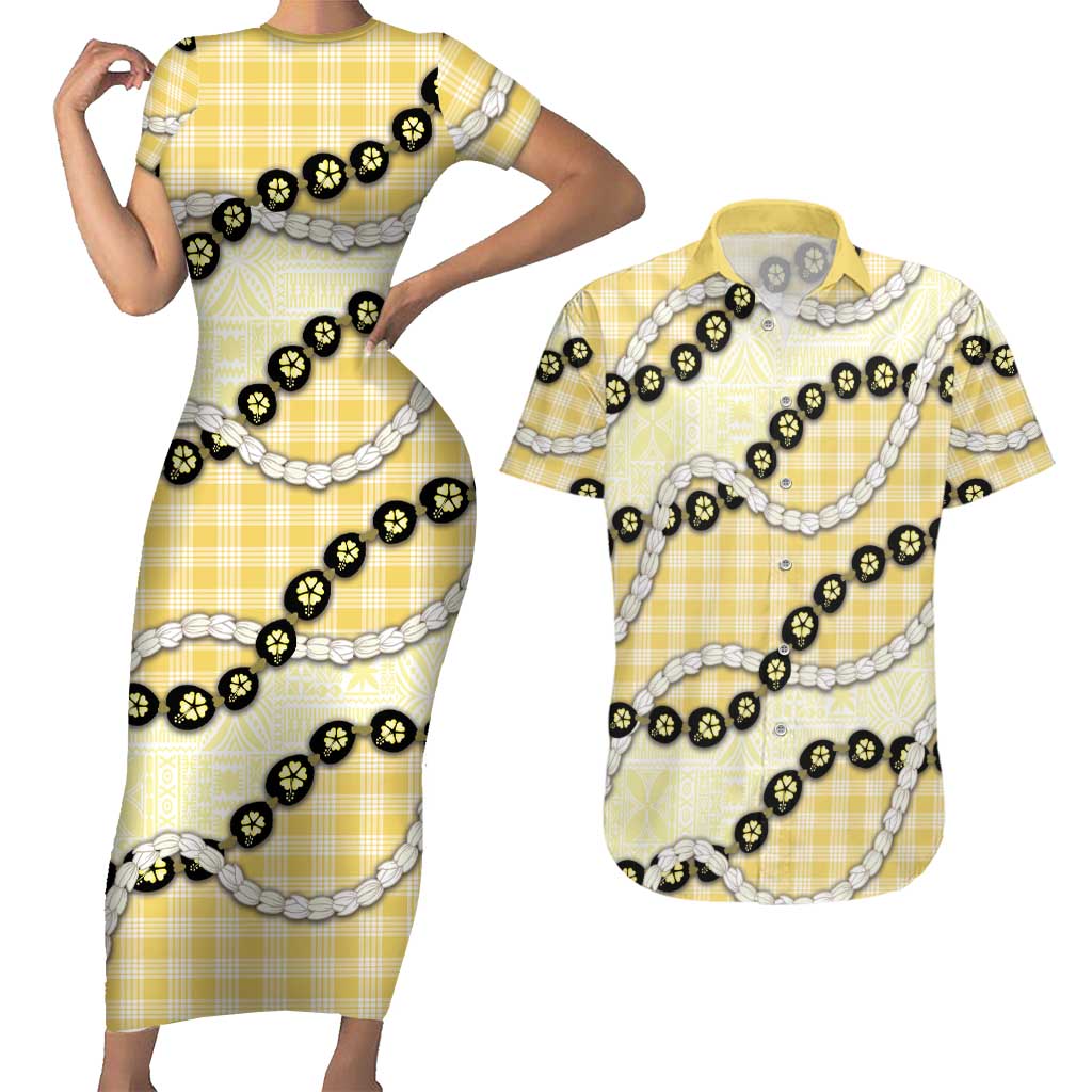 Yellow Palaka Hawaii Couples Matching Short Sleeve Bodycon Dress and Hawaiian Shirt Kukui Nut Pikake Lei Hawaiian Tapa Pattern LT14 Yellow - Polynesian Pride