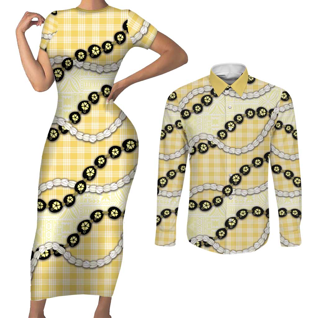 Yellow Palaka Hawaii Couples Matching Short Sleeve Bodycon Dress and Long Sleeve Button Shirt Kukui Nut Pikake Lei Hawaiian Tapa Pattern LT14 Yellow - Polynesian Pride