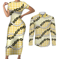 Yellow Palaka Hawaii Couples Matching Short Sleeve Bodycon Dress and Long Sleeve Button Shirt Kukui Nut Pikake Lei Hawaiian Tapa Pattern LT14 Yellow - Polynesian Pride