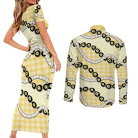 Yellow Palaka Hawaii Couples Matching Short Sleeve Bodycon Dress and Long Sleeve Button Shirt Kukui Nut Pikake Lei Hawaiian Tapa Pattern LT14 - Polynesian Pride