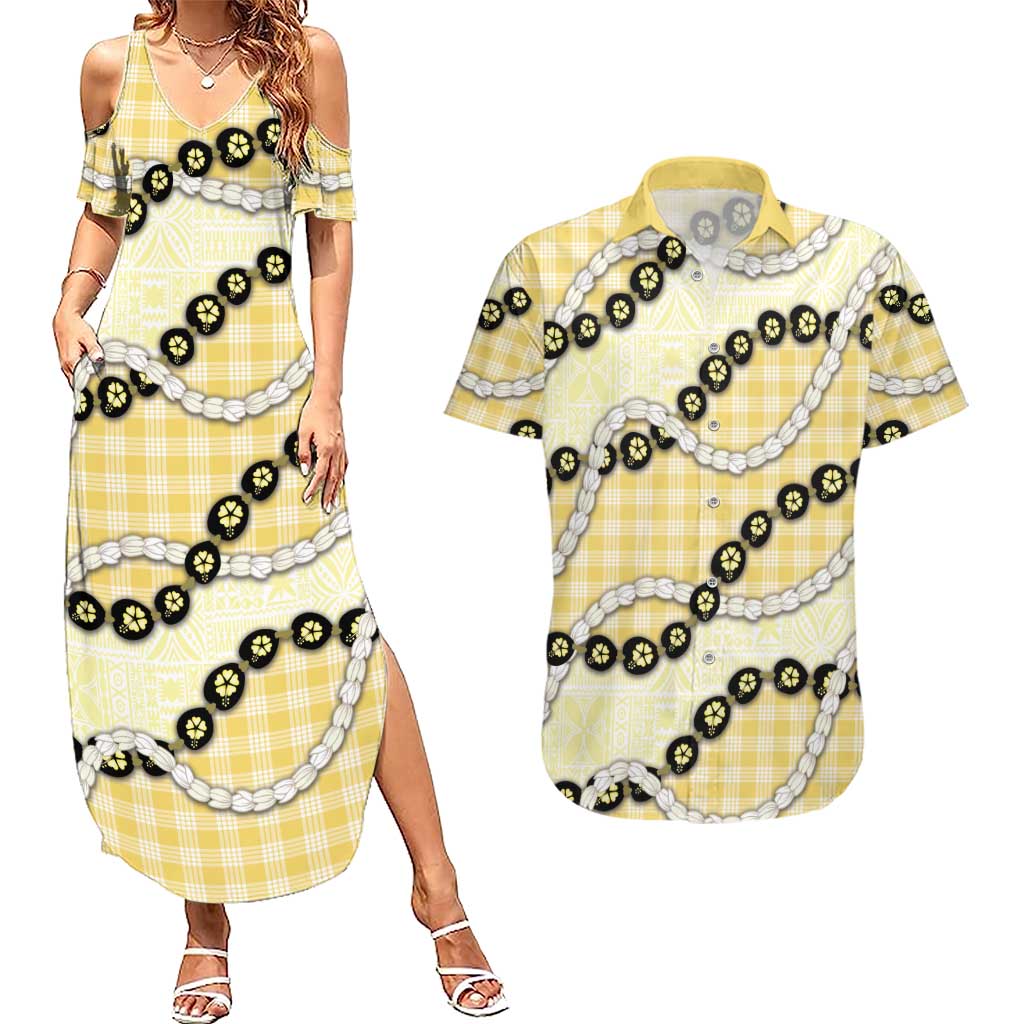 Yellow Palaka Hawaii Couples Matching Summer Maxi Dress and Hawaiian Shirt Kukui Nut Pikake Lei Hawaiian Tapa Pattern LT14 Yellow - Polynesian Pride