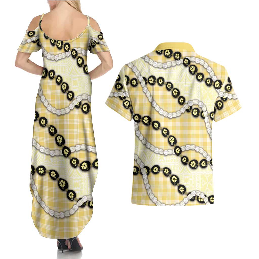 Yellow Palaka Hawaii Couples Matching Summer Maxi Dress and Hawaiian Shirt Kukui Nut Pikake Lei Hawaiian Tapa Pattern LT14 - Polynesian Pride