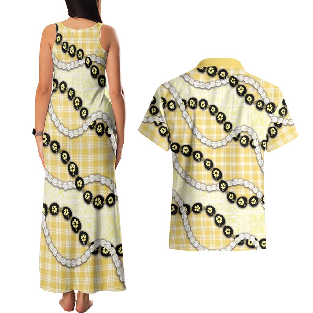 Yellow Palaka Hawaii Couples Matching Tank Maxi Dress and Hawaiian Shirt Kukui Nut Pikake Lei Hawaiian Tapa Pattern LT14 - Polynesian Pride