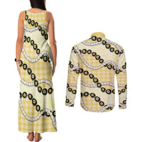 Yellow Palaka Hawaii Couples Matching Tank Maxi Dress and Long Sleeve Button Shirt Kukui Nut Pikake Lei Hawaiian Tapa Pattern LT14 - Polynesian Pride