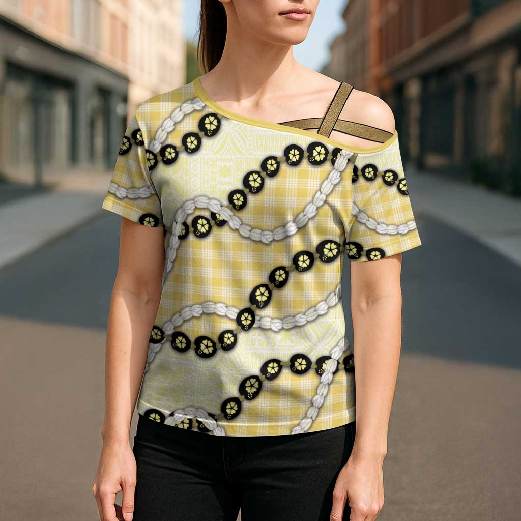 Yellow Palaka Hawaii Cross Shoulder Shirt Kukui Nut Pikake Lei Hawaiian Tapa Pattern - Polynesian Pride