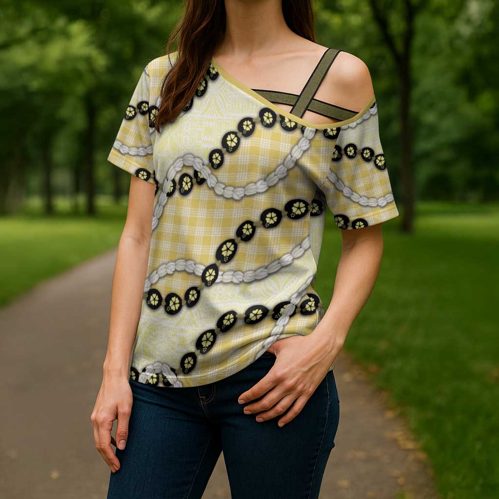 Yellow Palaka Hawaii Cross Shoulder Shirt Kukui Nut Pikake Lei Hawaiian Tapa Pattern - Polynesian Pride