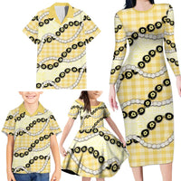 Yellow Palaka Hawaii Family Matching Long Sleeve Bodycon Dress and Hawaiian Shirt Kukui Nut Pikake Lei Hawaiian Tapa Pattern LT14 - Polynesian Pride