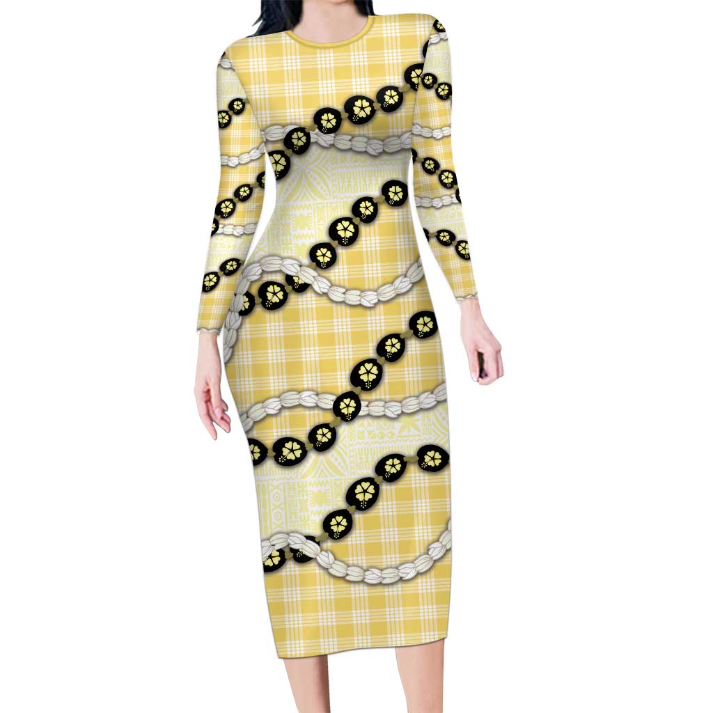 Yellow Palaka Hawaii Family Matching Long Sleeve Bodycon Dress and Hawaiian Shirt Kukui Nut Pikake Lei Hawaiian Tapa Pattern LT14 Mom's Dress Yellow - Polynesian Pride
