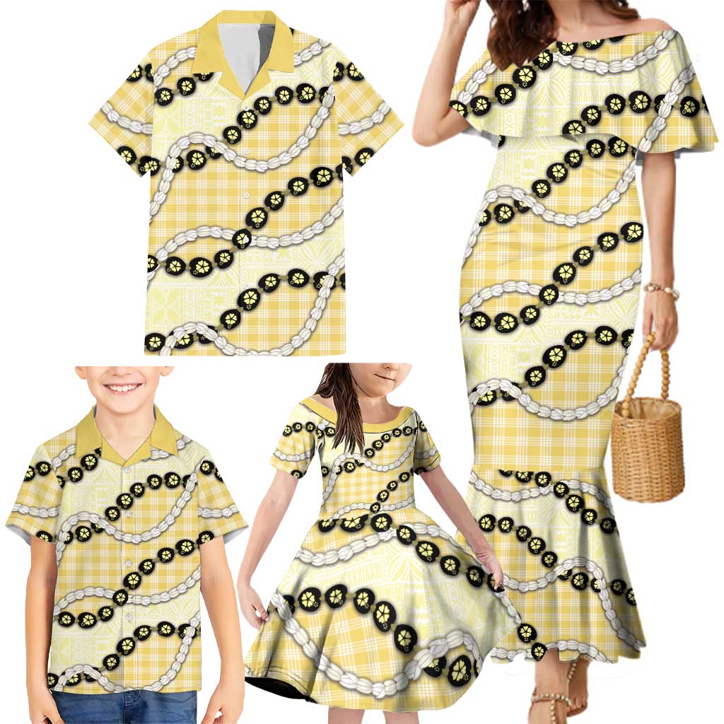 Yellow Palaka Hawaii Family Matching Mermaid Dress and Hawaiian Shirt Kukui Nut Pikake Lei Hawaiian Tapa Pattern LT14 - Polynesian Pride
