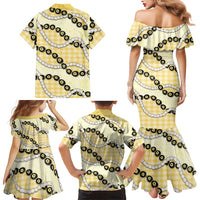 Yellow Palaka Hawaii Family Matching Mermaid Dress and Hawaiian Shirt Kukui Nut Pikake Lei Hawaiian Tapa Pattern LT14 - Polynesian Pride