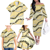 Yellow Palaka Hawaii Family Matching Off The Shoulder Long Sleeve Dress and Hawaiian Shirt Kukui Nut Pikake Lei Hawaiian Tapa Pattern LT14 - Polynesian Pride